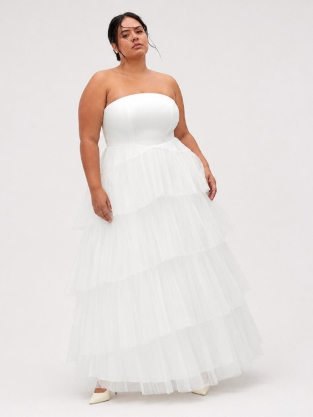 Strapless Tiered Tulle White Maxi Dress